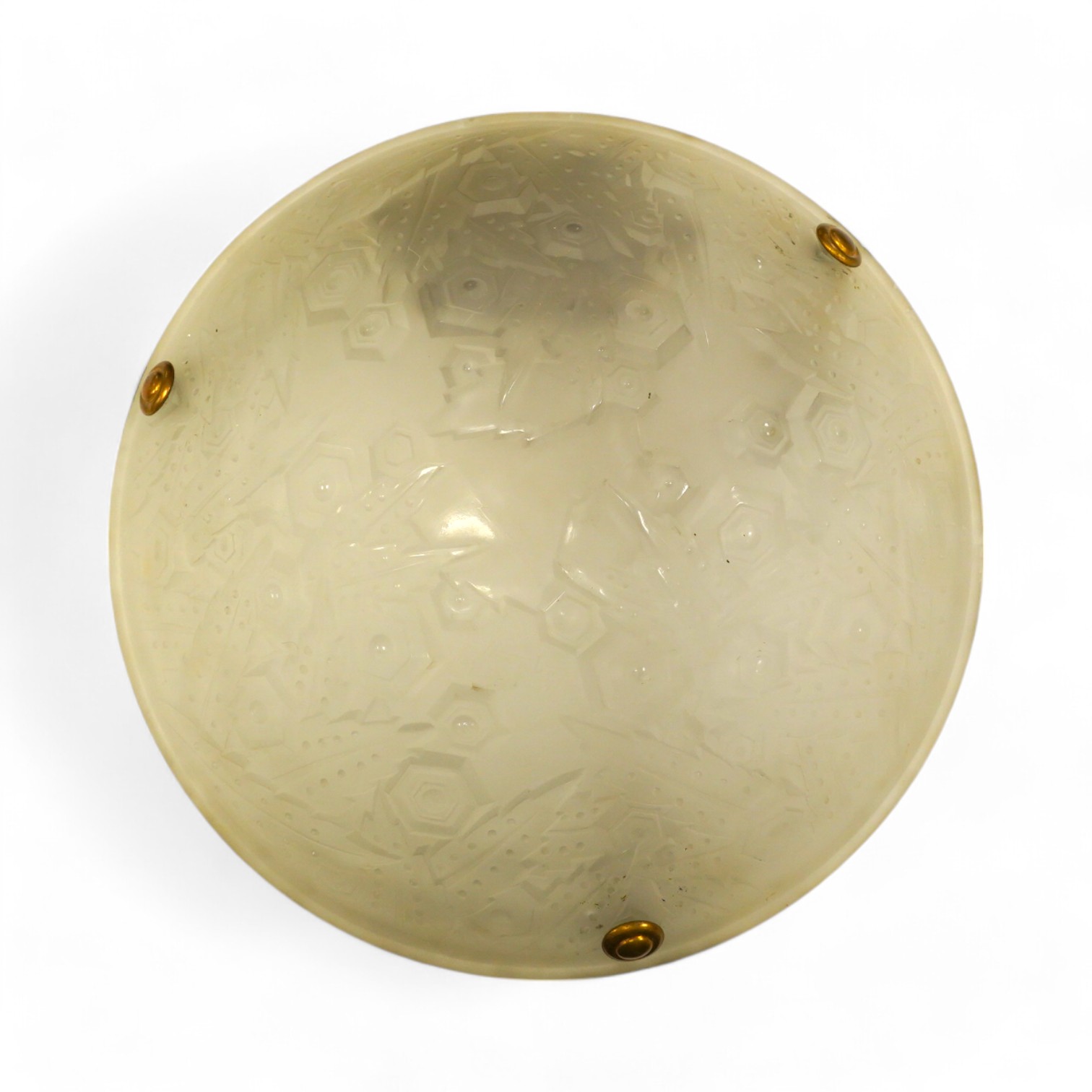 An Art Deco Muller Freres frosted glass hanging light, 36cm diameter. Condition - fair to good, some chips to the edge of the glass and wear to the brass plating